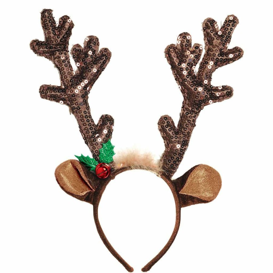 Adult Costume Accessories * | Wholesale Brown Sequin Reindeer Antler Christmas Headband By Amscan