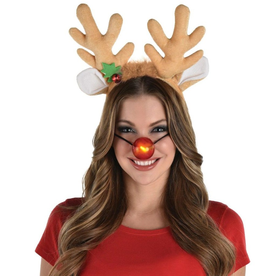 Adult Costume Accessories * | New Christmas Light-Up Nose And Antler Kit By Amscan