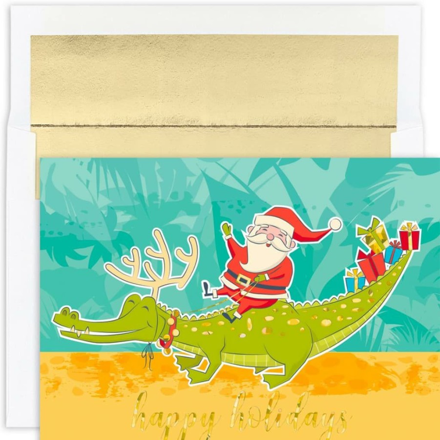 Greeting Cards * | Hot Sale Jam Paper Santa & Gator Christmas Cards & Envelopes Set